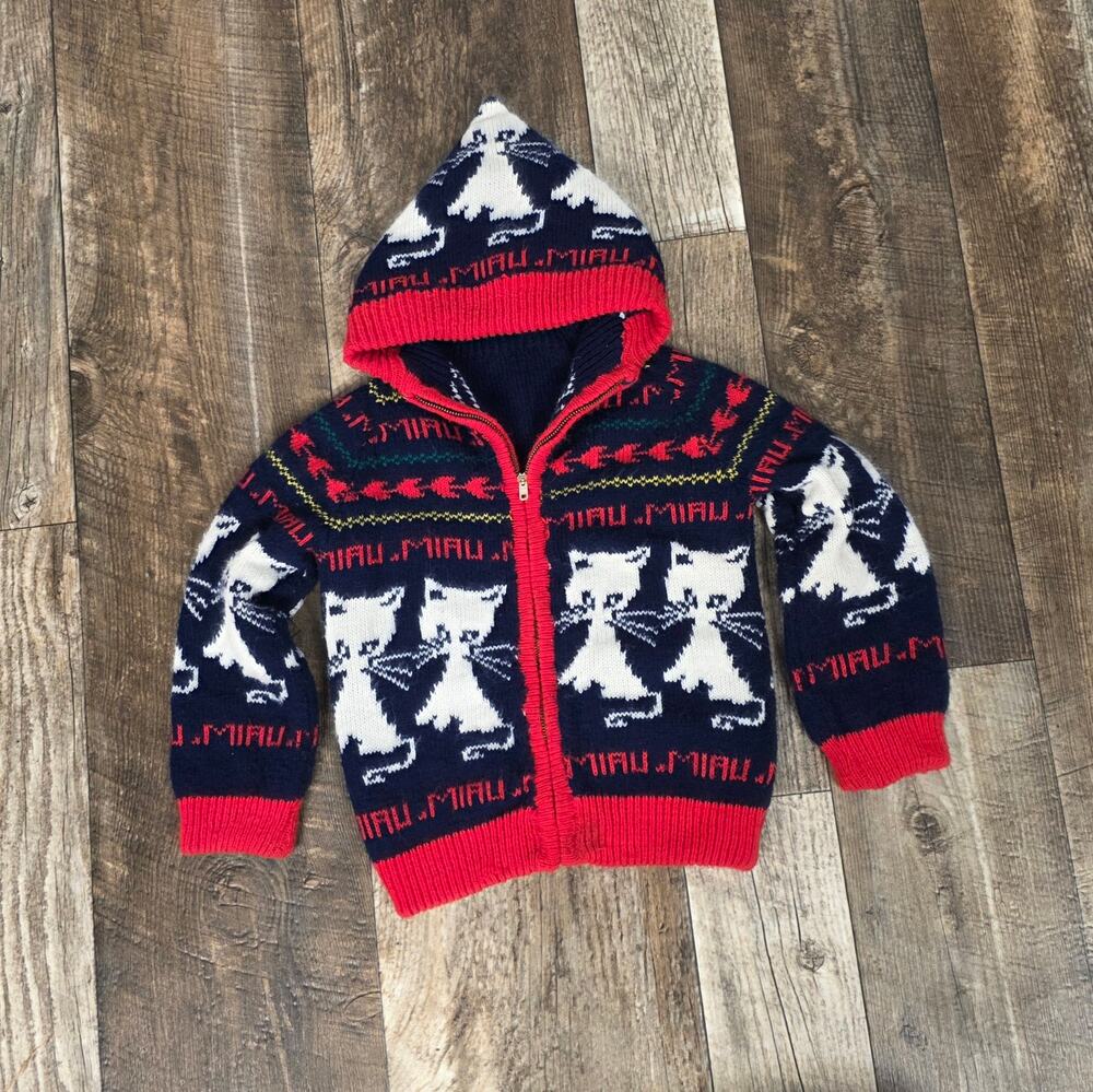 Vintage Kids Reversible Cat Sweater Hoodie Navy Red Zip Cardigan Novelty
